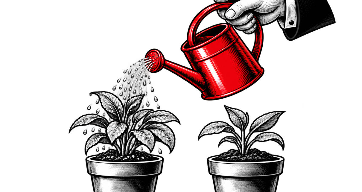 A hand waters one of two matching potted plants with a red watering can.