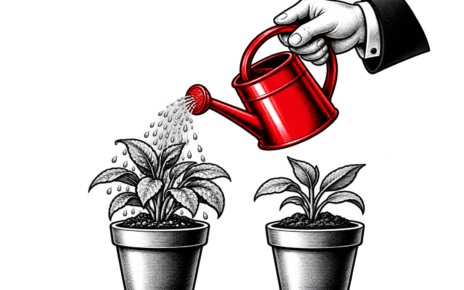 A hand waters one of two matching potted plants with a red watering can.