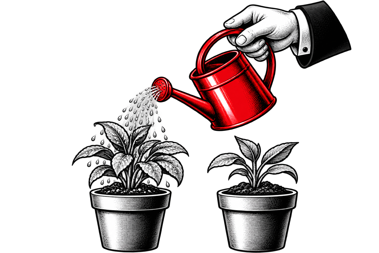 A hand waters one of two matching potted plants with a red watering can.