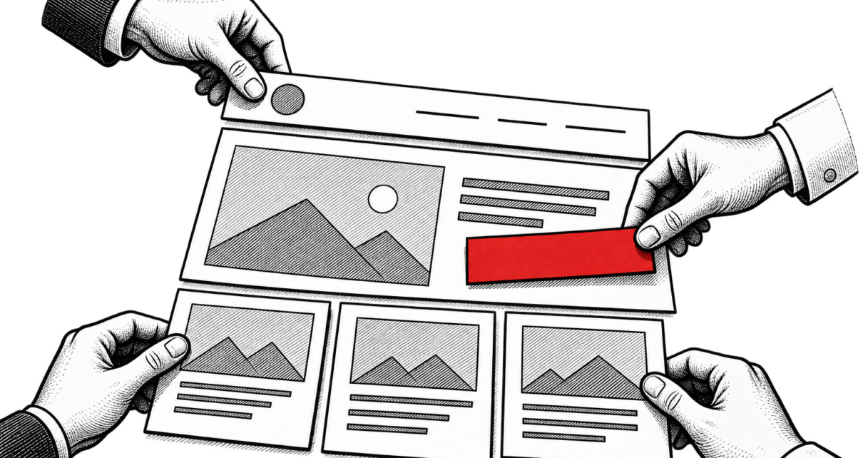 Hands assemble a website layout from paper panels with a red call-to-action.