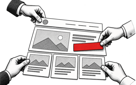 Hands assemble a website layout from paper panels with a red call-to-action.