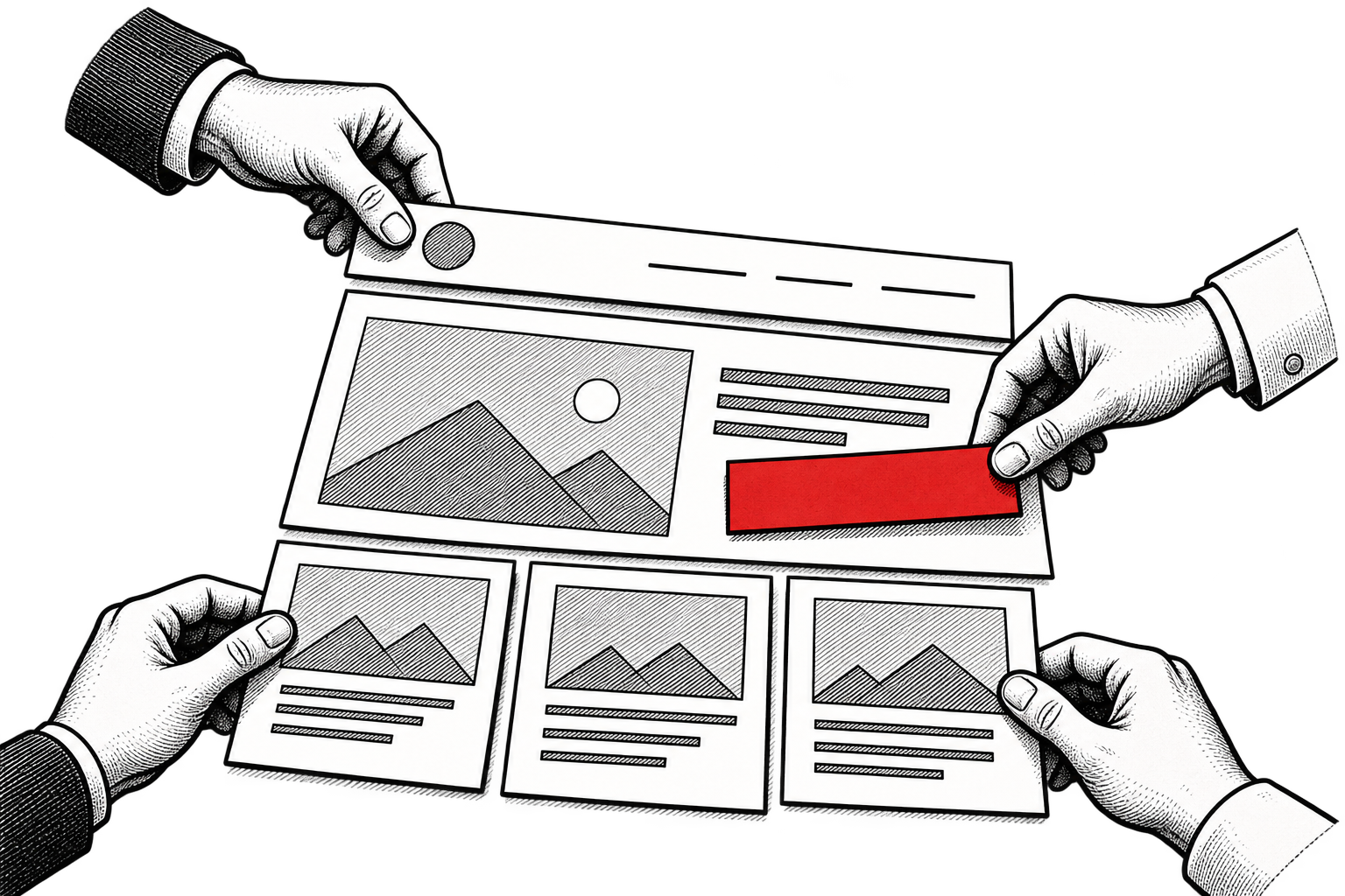 Hands assemble a website layout from paper panels with a red call-to-action.