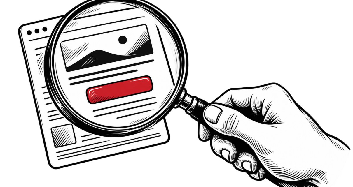 A magnifying glass reveals a red call-to-action button on a page.