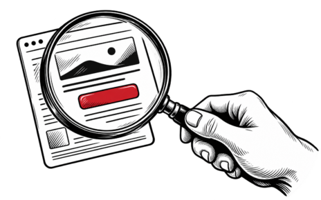 A magnifying glass reveals a red call-to-action button on a page.