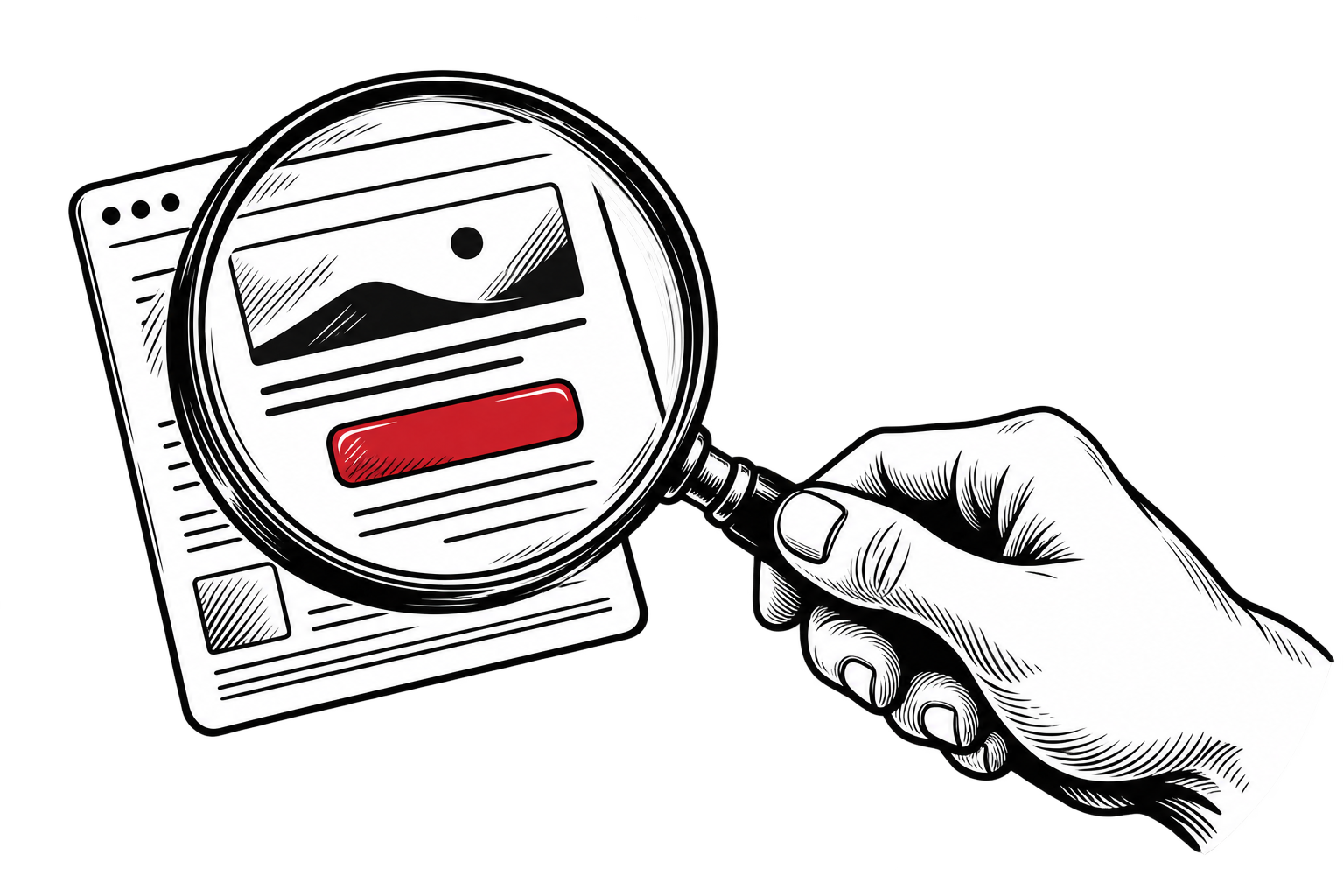 A magnifying glass reveals a red call-to-action button on a page.