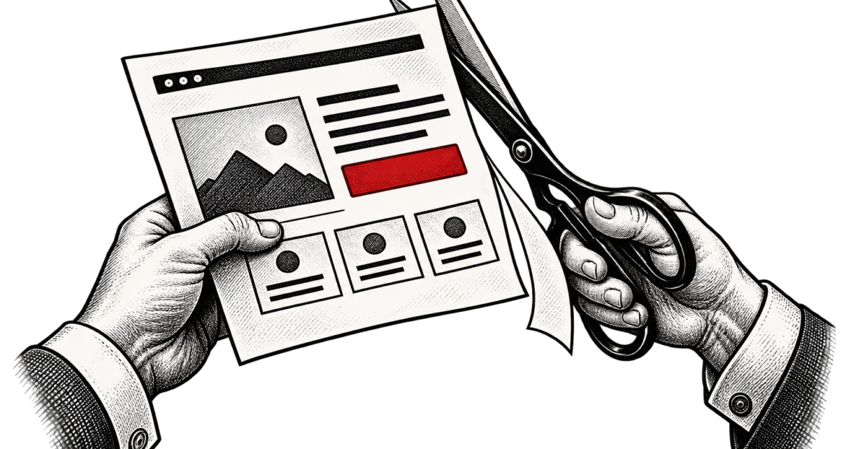 A hand trims a paper website template with scissors beside a red call-to-action.