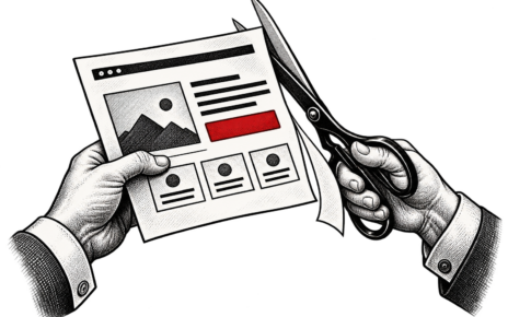 A hand trims a paper website template with scissors beside a red call-to-action.
