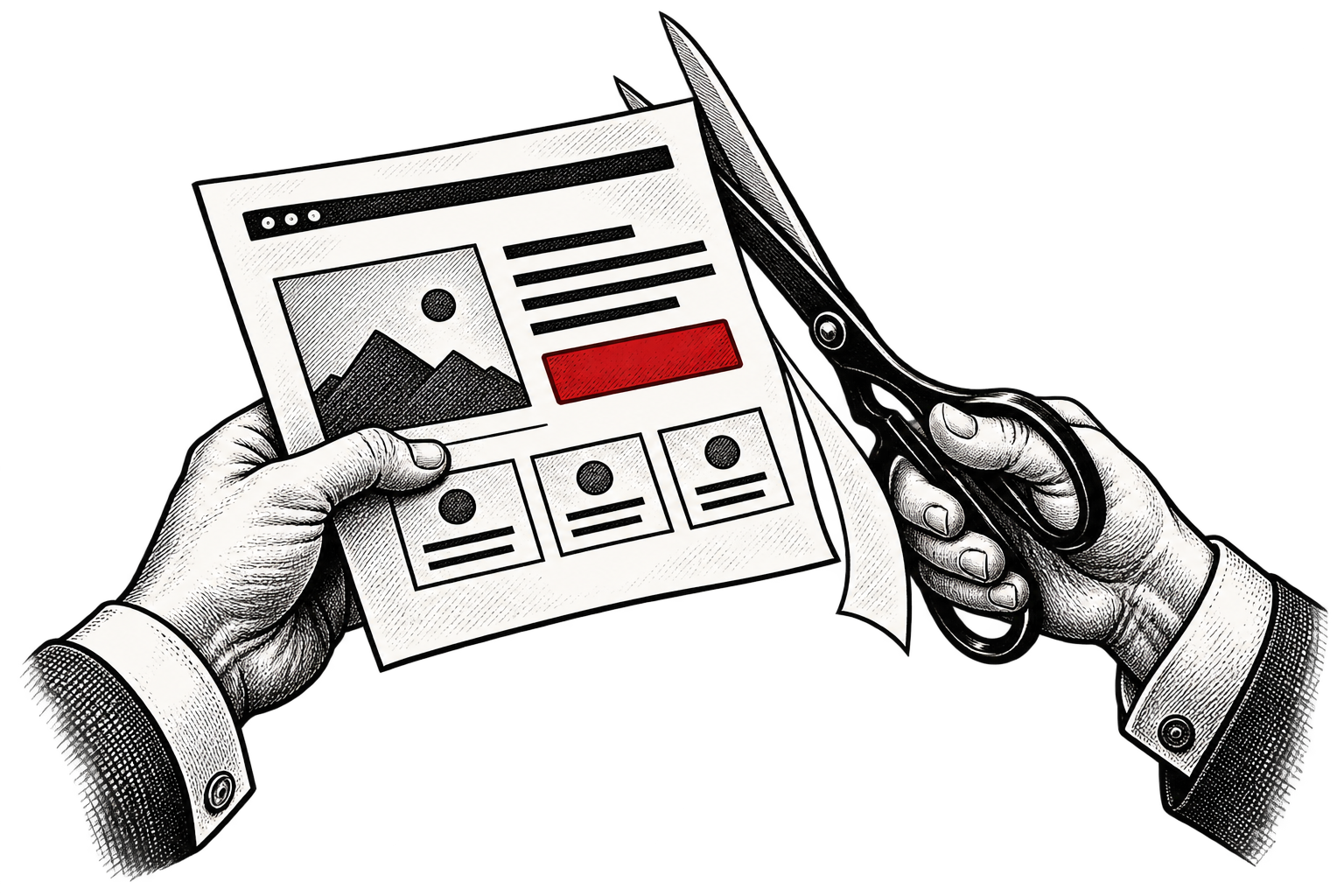 A hand trims a paper website template with scissors beside a red call-to-action.