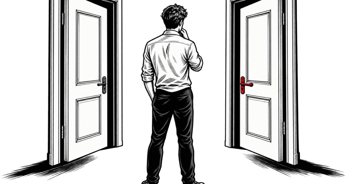 A person considers two doors, one with a red handle.