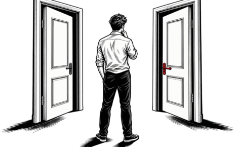 A person considers two doors, one with a red handle.