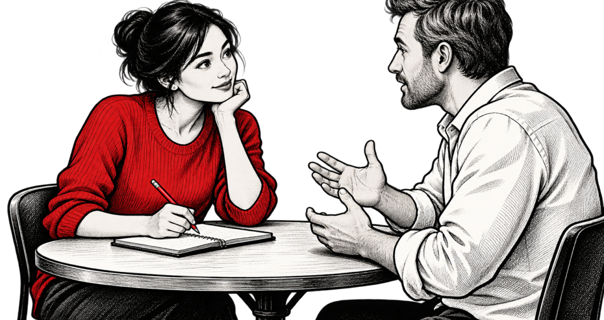 Two people discuss a customer question across a table with a notebook and red pencil.