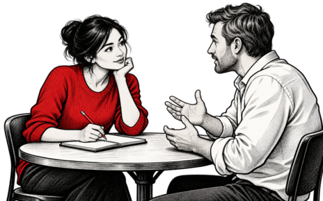 Two people discuss a customer question across a table with a notebook and red pencil.