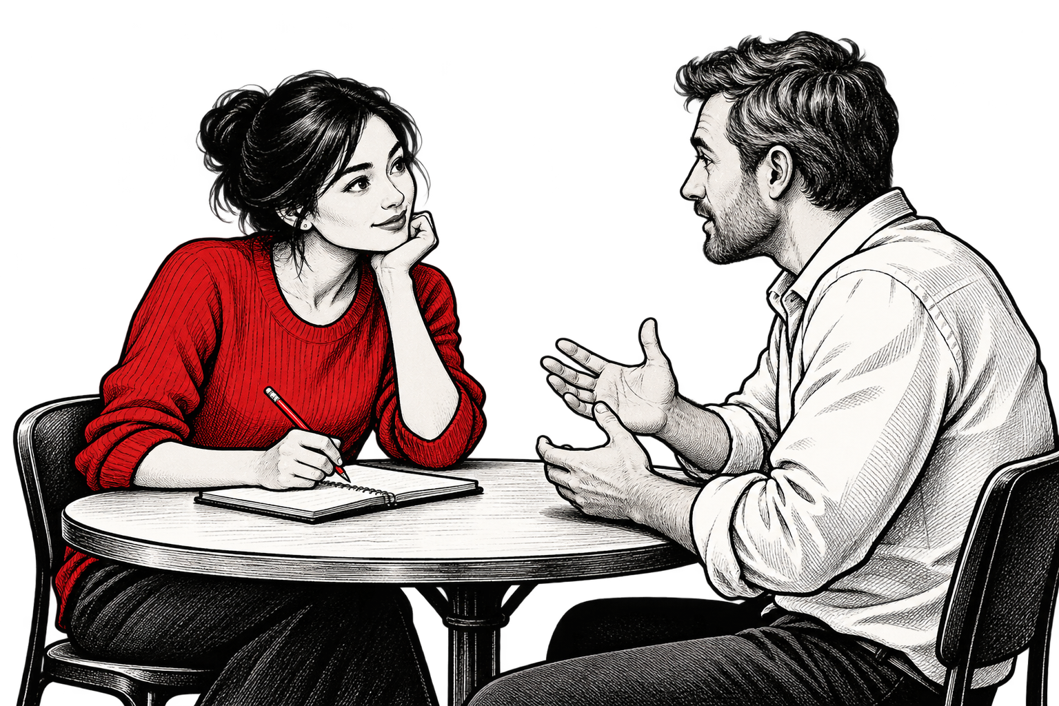 Two people discuss a customer question across a table with a notebook and red pencil.