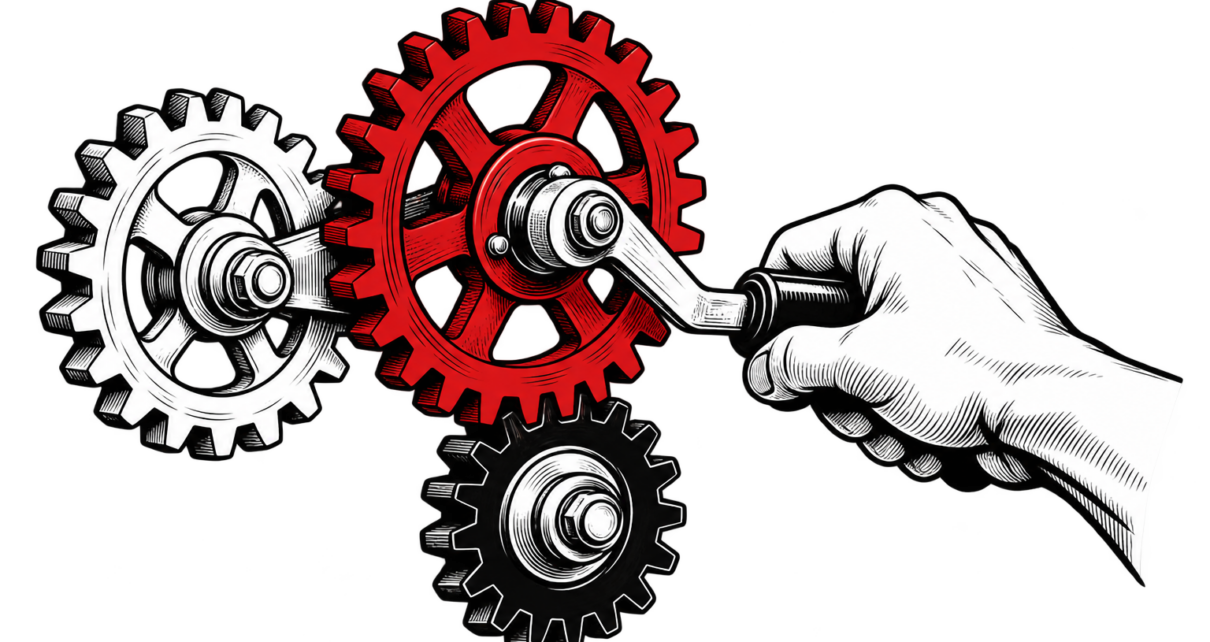 A hand turns a crank connected to three gears, with one gear highlighted in red.