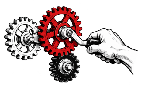 A hand turns a crank connected to three gears, with one gear highlighted in red.