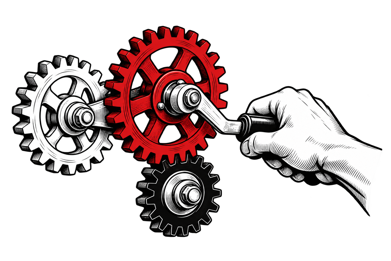 A hand turns a crank connected to three gears, with one gear highlighted in red.