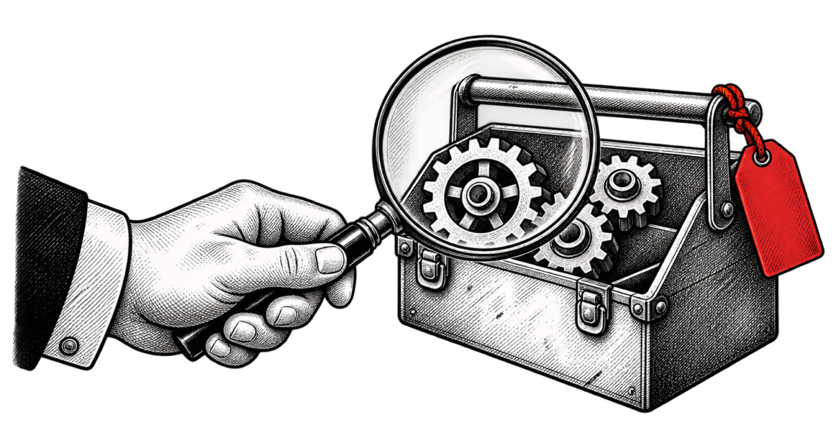 A magnifying glass examines a toolbox with a red price tag tied to its handle.