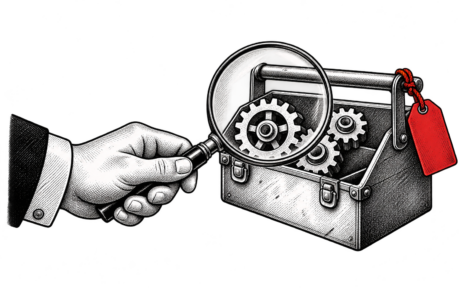 A magnifying glass examines a toolbox with a red price tag tied to its handle.