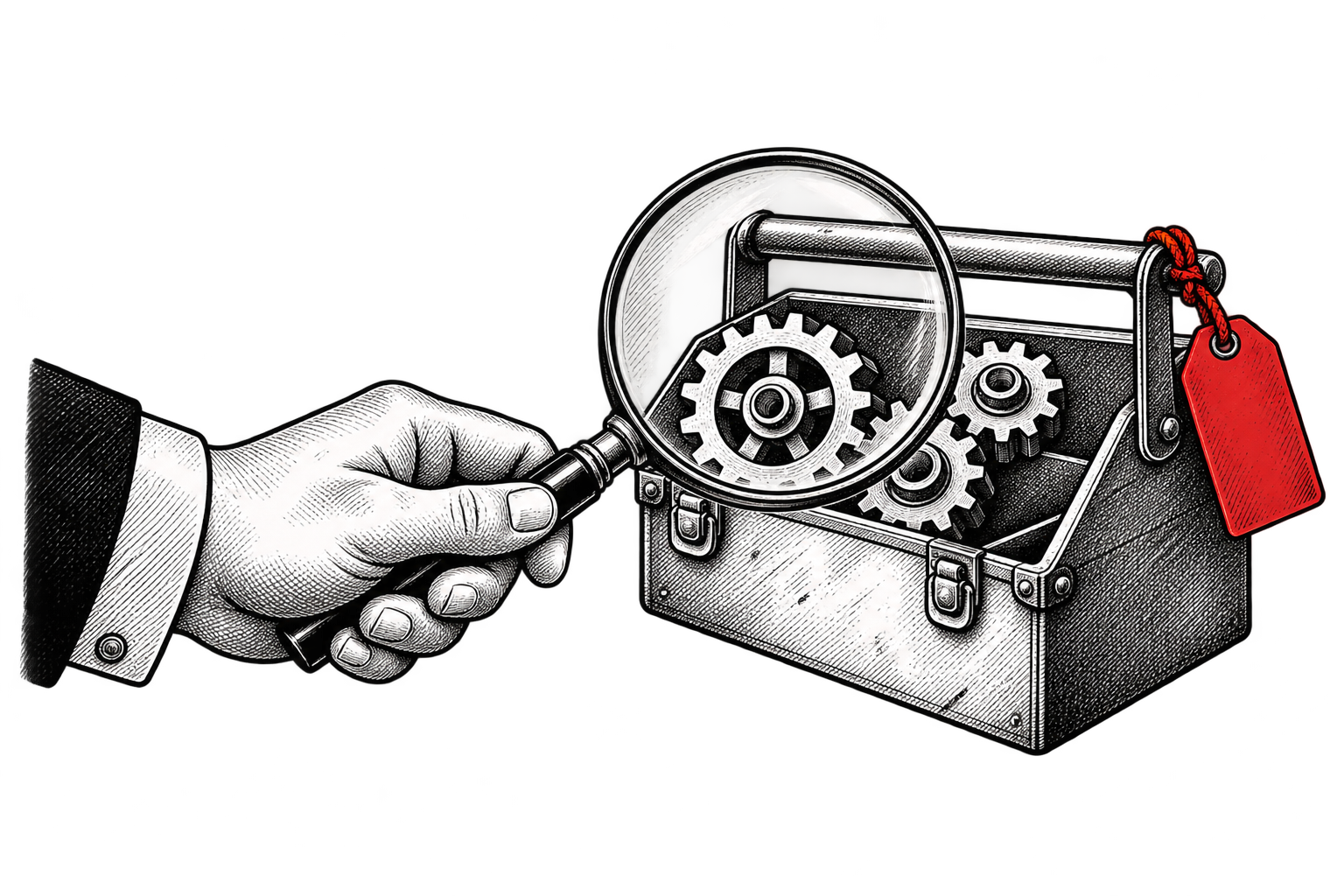 A magnifying glass examines a toolbox with a red price tag tied to its handle.