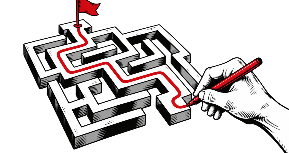 A hand traces a route through a maze toward a red flag.