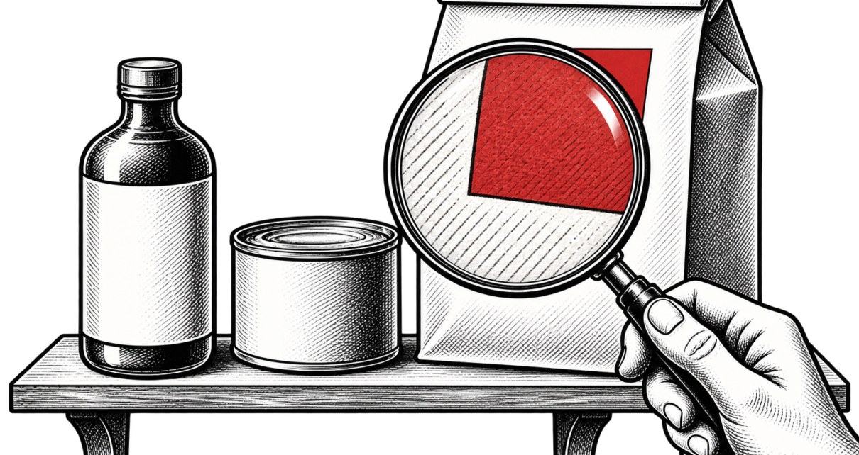 A magnifying glass enlarges the red label and paper texture on a single folded bag beside a bottle and tin.