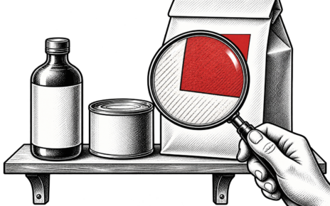 A magnifying glass enlarges the red label and paper texture on a single folded bag beside a bottle and tin.