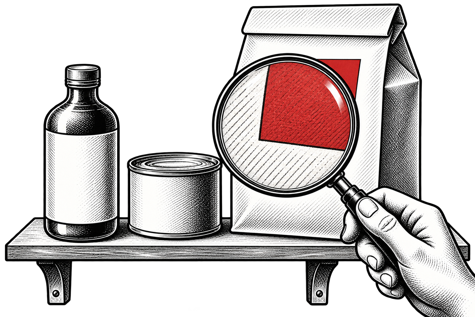 A magnifying glass enlarges the red label and paper texture on a single folded bag beside a bottle and tin.