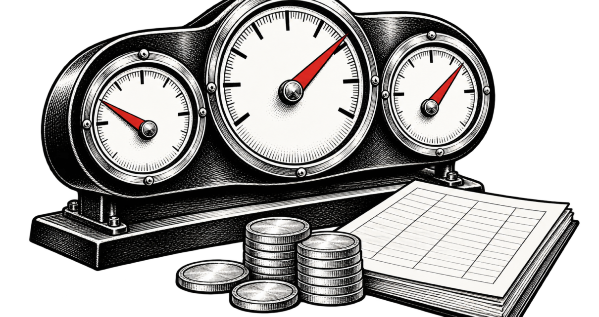 An analog dashboard with three gauges and a red needle sits beside a paper ledger.