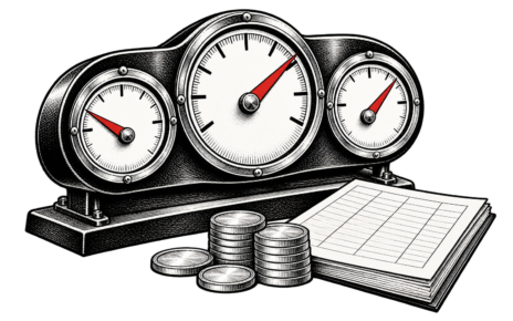 An analog dashboard with three gauges and a red needle sits beside a paper ledger.