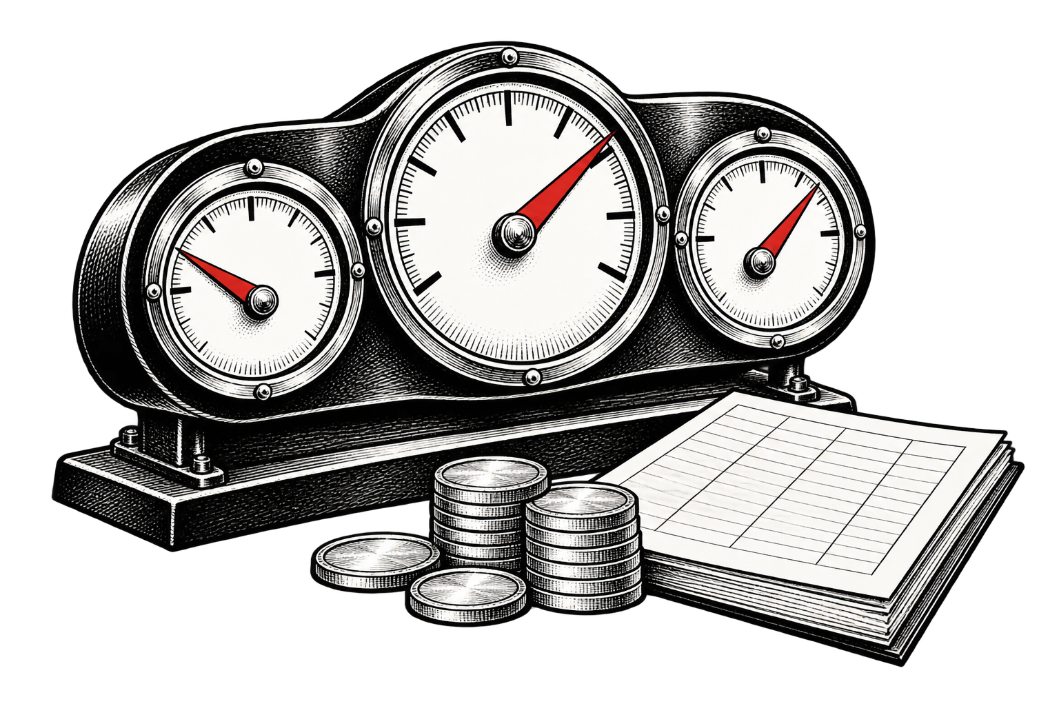 An analog dashboard with three gauges and a red needle sits beside a paper ledger.