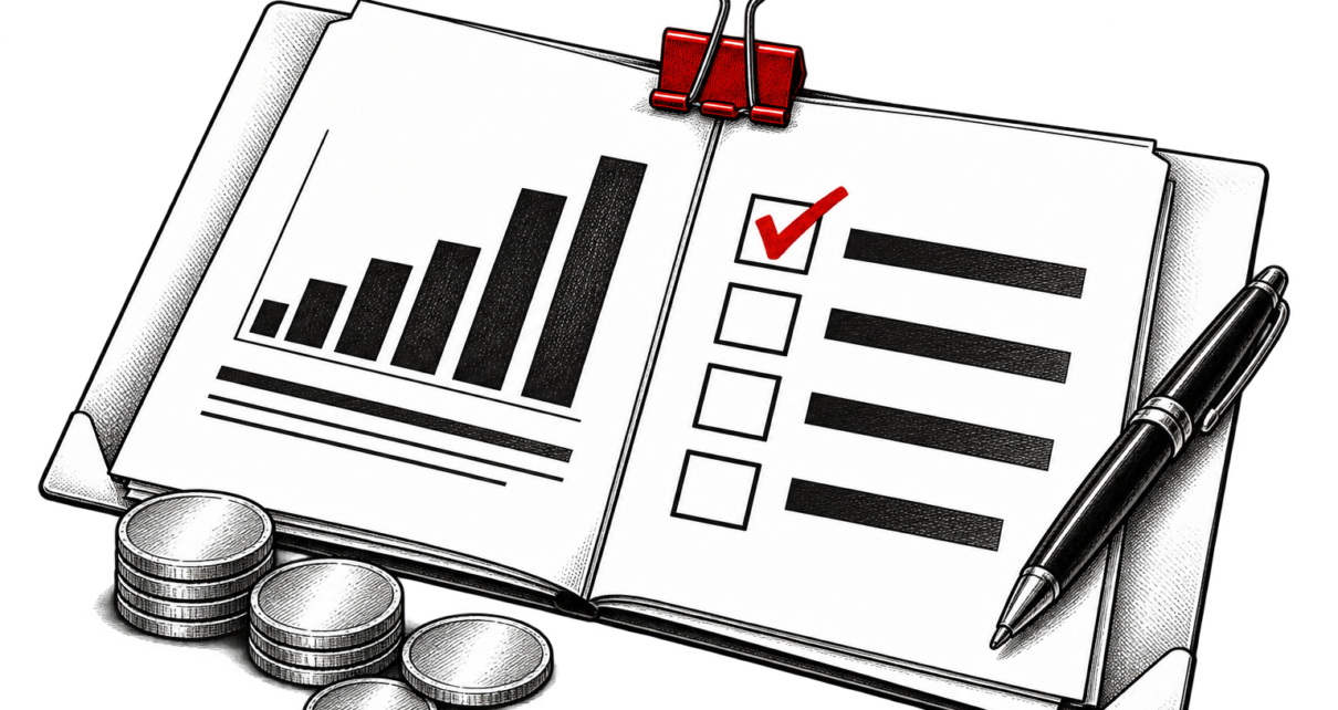 An open report folder contains chart pages and a red checkmark, with a binder clip gripping their top edge.