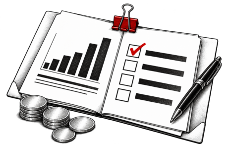 An open report folder contains chart pages and a red checkmark, with a binder clip gripping their top edge.