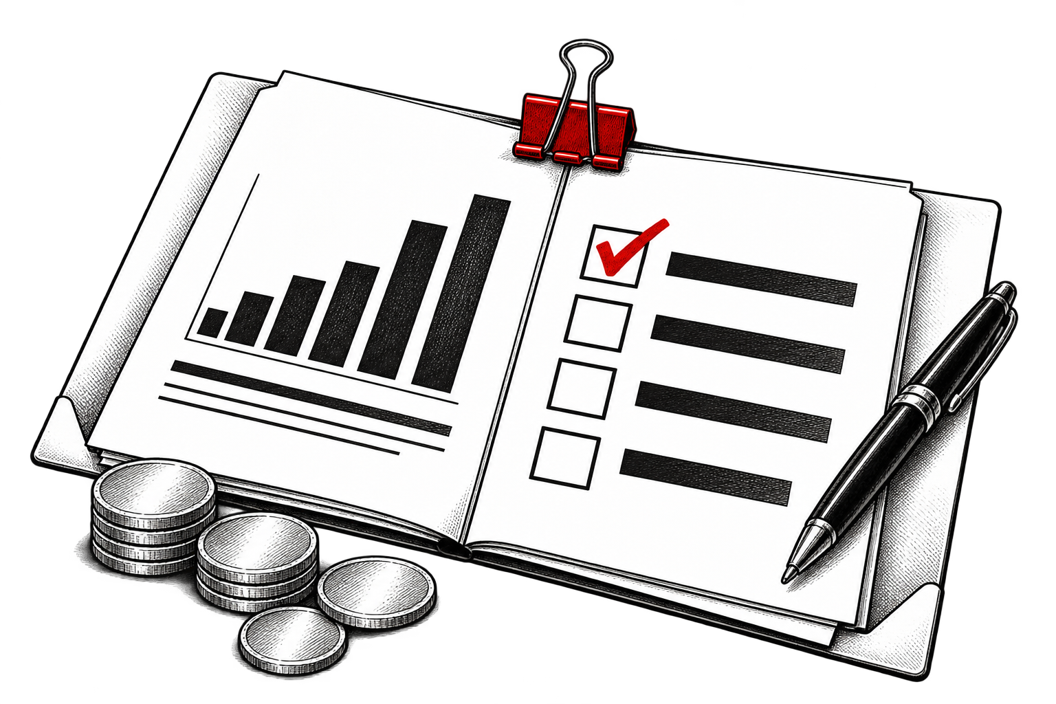 An open report folder contains chart pages and a red checkmark, with a binder clip gripping their top edge.
