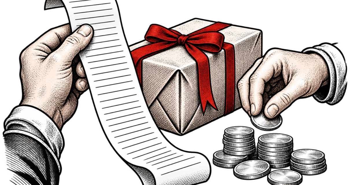 Hands compare a long sales receipt with bright silver coins beside a parcel with a red ribbon.