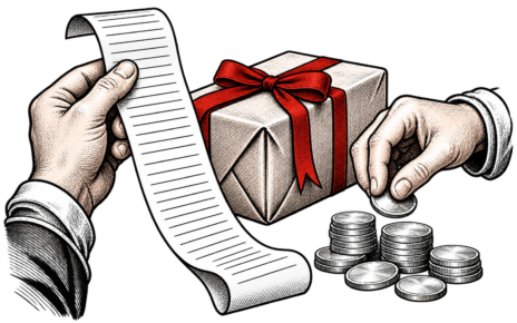 Hands compare a long sales receipt with bright silver coins beside a parcel with a red ribbon.