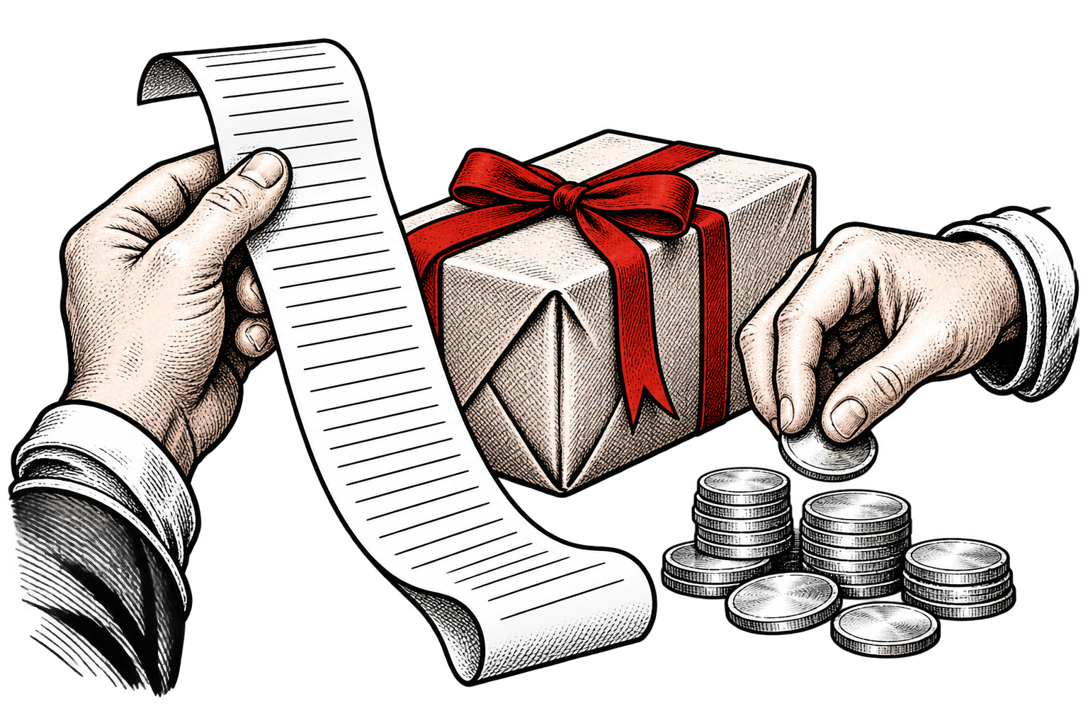Hands compare a long sales receipt with bright silver coins beside a parcel with a red ribbon.