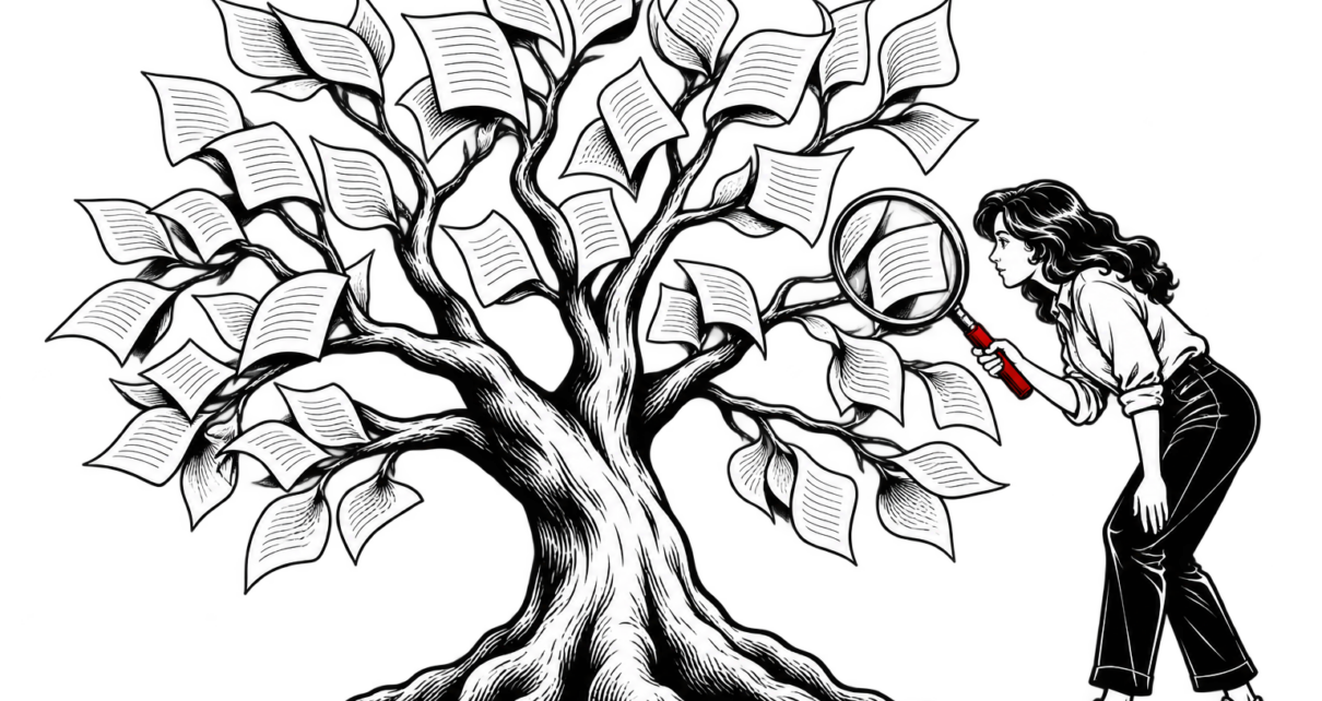 A person examines a tree of paper pages with a red-handled magnifying glass.
