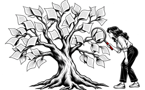 A person examines a tree of paper pages with a red-handled magnifying glass.