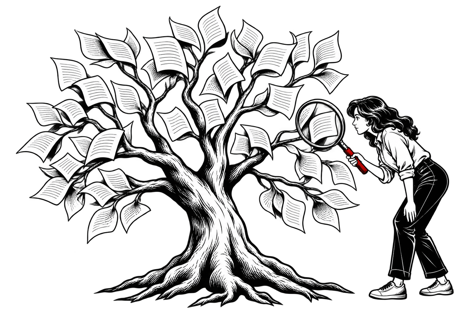 A person examines a tree of paper pages with a red-handled magnifying glass.