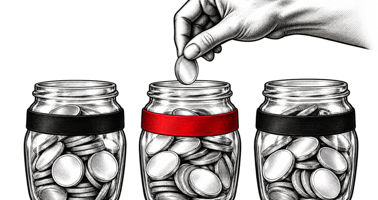 A hand allocates a bright silver coin among three savings jars, one marked with a red band.