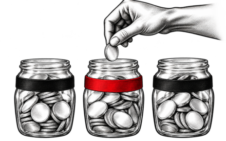 A hand allocates a bright silver coin among three savings jars, one marked with a red band.
