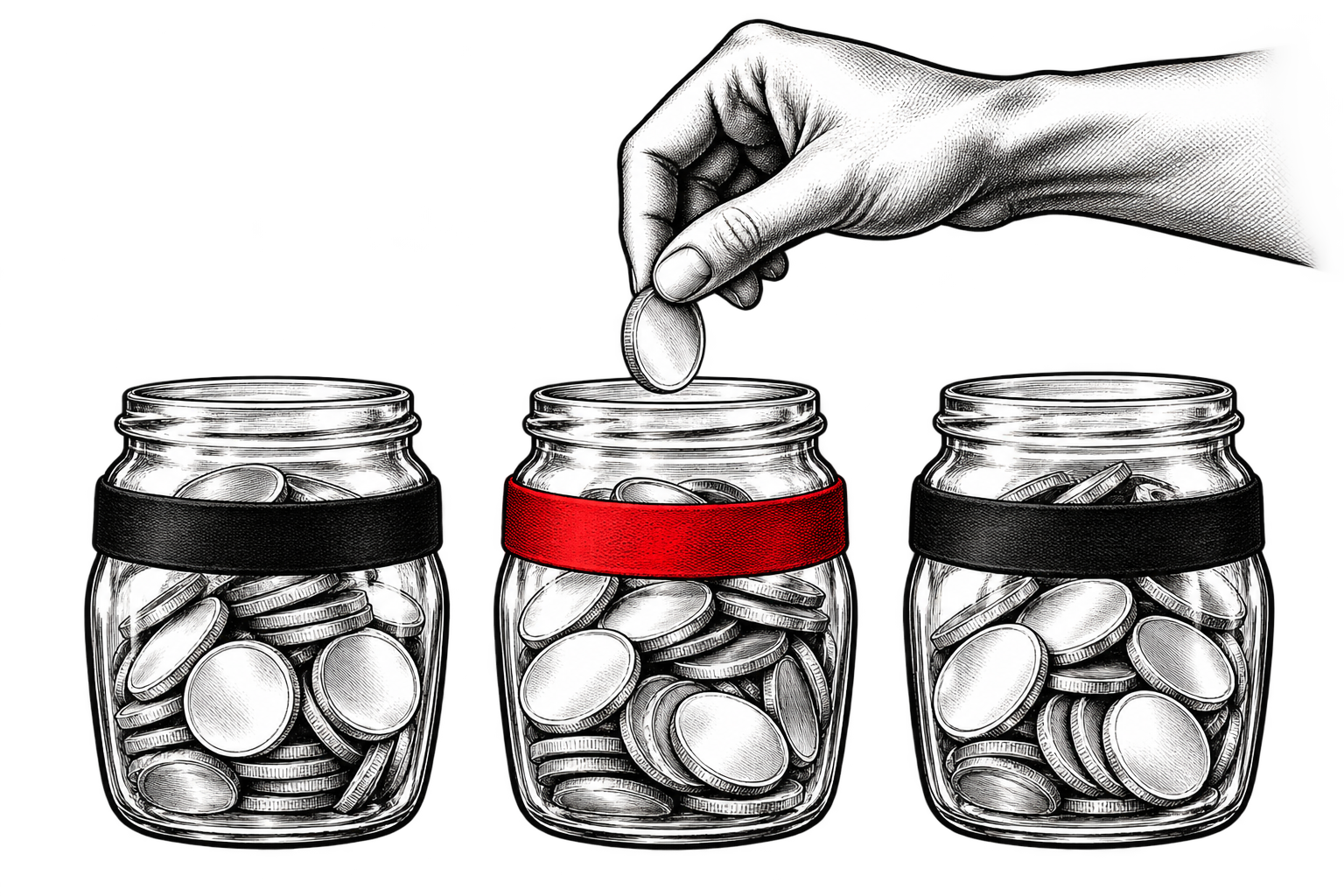 A hand allocates a bright silver coin among three savings jars, one marked with a red band.