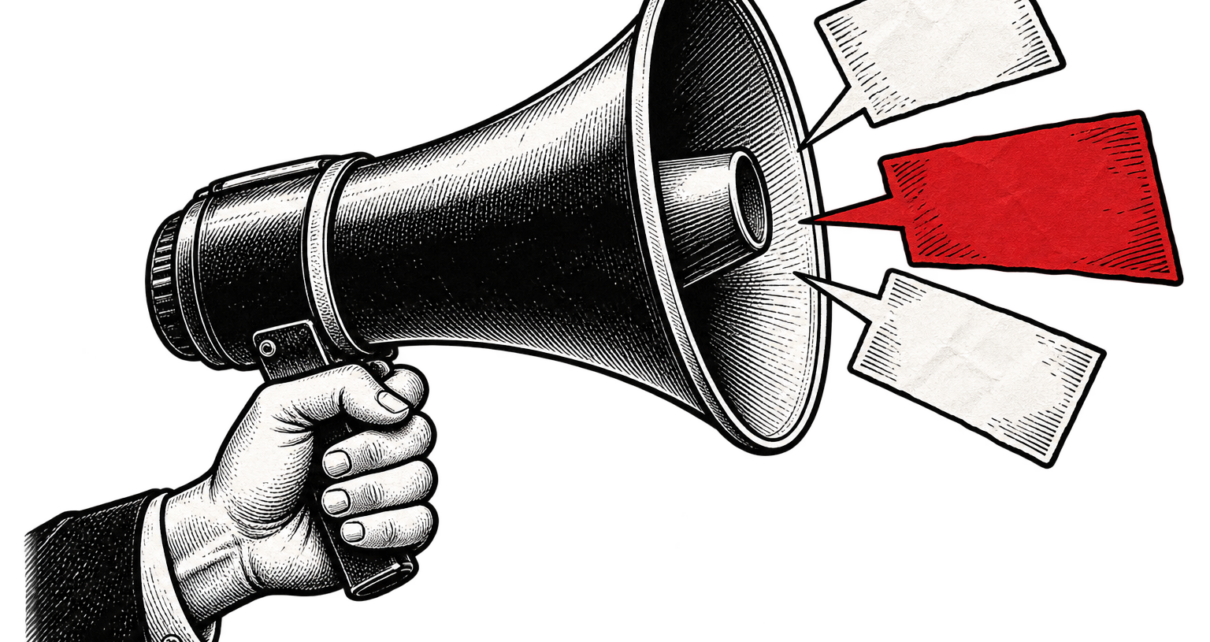 A hand holds a megaphone with three paper speech cards, including one red card.