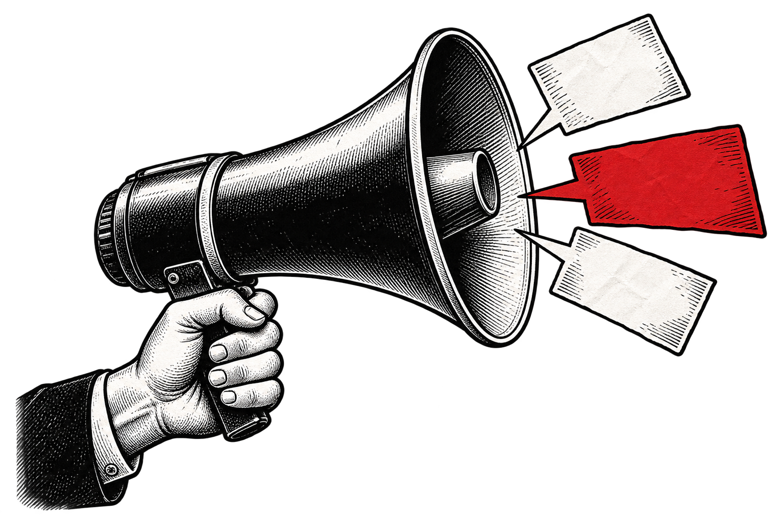 A hand holds a megaphone with three paper speech cards, including one red card.