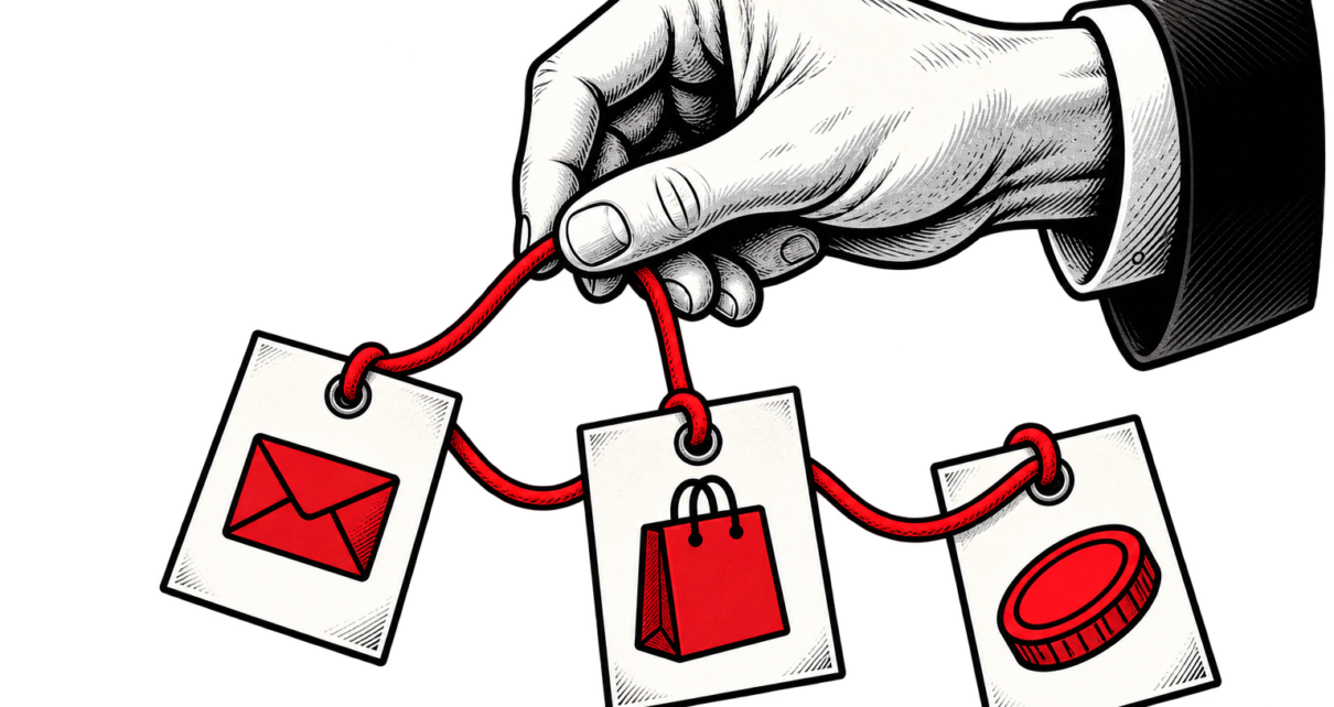 A hand holds a red cord linking cards showing an envelope, shopping bag, and coin.