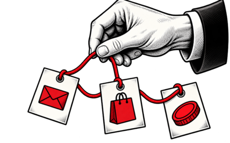 A hand holds a red cord linking cards showing an envelope, shopping bag, and coin.