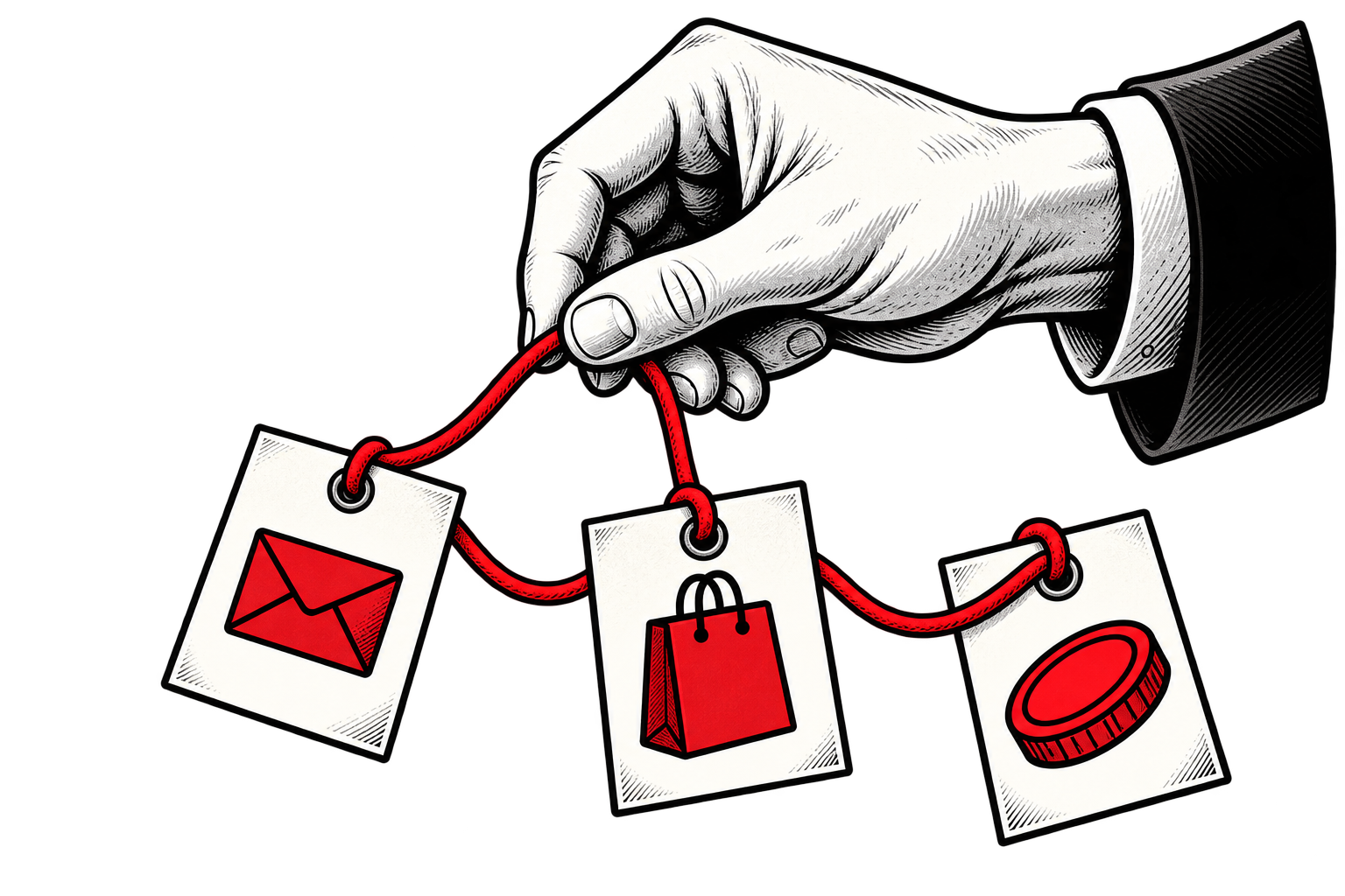 A hand holds a red cord linking cards showing an envelope, shopping bag, and coin.