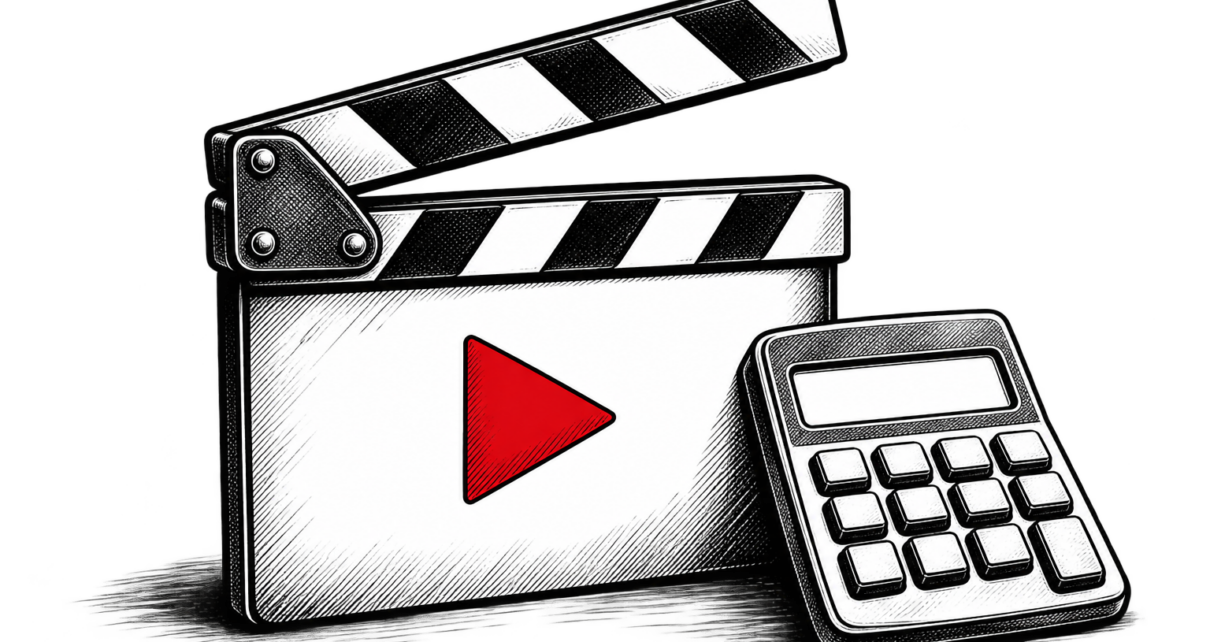 A film clapperboard with a red play triangle stands beside a calculator.