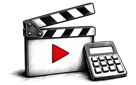 A film clapperboard with a red play triangle stands beside a calculator.