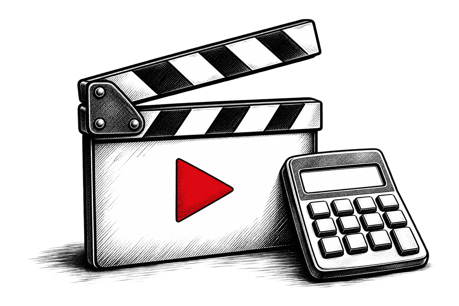 A film clapperboard with a red play triangle stands beside a calculator.